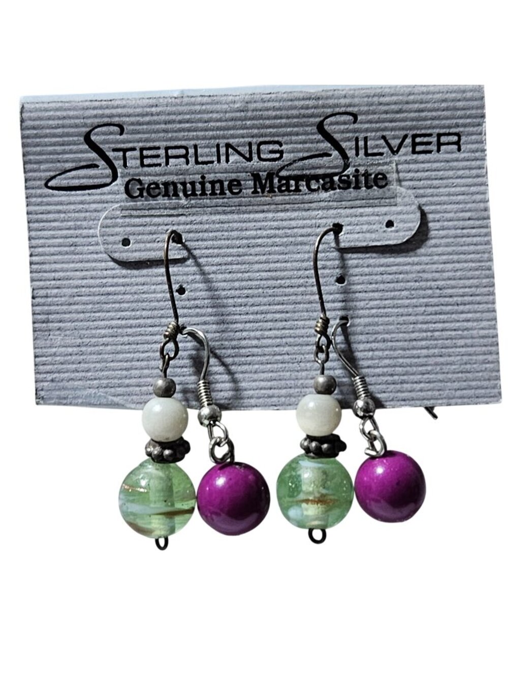 Sterling Silver Genuine Marcasite Drop Earrings Purple Green Beads Retro Fashion